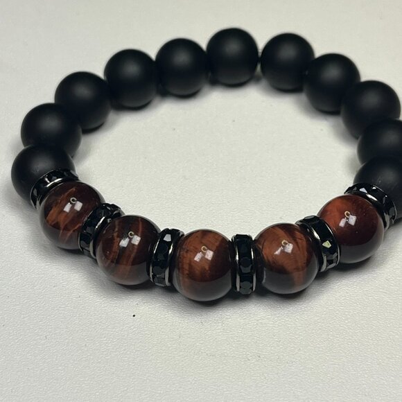 Men's Matt Onyx and Tigers Eye Stretch Beaded Bracelet - Picture 7 of 9